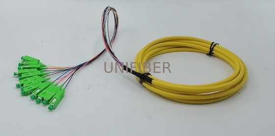 1.5M SC/APC 12 glasvezel uitstallingspigtails OS2 Single Mode G657A2 Bend Insensitive Riser (OFNR) 0,9mm Geel